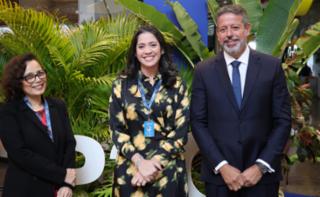 1ª Reunião de Mulheres Parlamentares. Secretária-Geral Das Relações Exteriores, Embaixadora Maria Laura Da Rocha, Dep. Iza Arruda (MDB - PE) e o Presidente da Câmara dos Deputados, Arthur Lira.