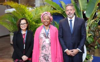 1ª Reunião de Mulheres Parlamentares. Secretária-Geral Das Relações Exteriores, Embaixadora Maria Laura Da Rocha, Deputada da Nigéria, Kafilat Ogbara (APC) e Presidente da Câmara dos Deputados, Arthur Lira