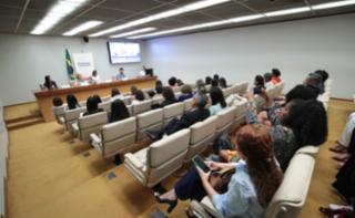 Encontro sobre a Implementação do Orçamento Sensível a Gênero. Secretaria Nacional de Planejamento - Ministério do Planejamento e Orçamento, Virginia de Paula. Assessora Técnica da Secretaria da Mulher, Danielle Gruneich. Secretaria Executiva do Ministerio das Mulheres, Maria Helena Guarezi. Cordenador de Orçamento Fundação Tide Setúbal, Pedron Marin.