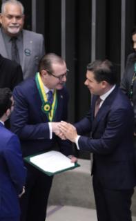Entrega do Prêmio Mérito Legislativo. Ministro do Supremo Tribunal Federal, Cristiano Zanin. Presidente da Câmara dos Deputados, Hugo Motta (REPUBLICANOS - PB).