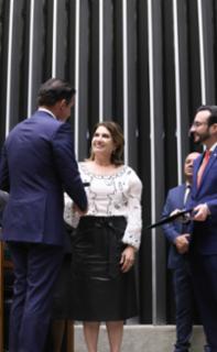 Outorga da Medalha Prefeitos pela Alfabetização das Crianças. Presidente da Câmara dos Deputados, Hugo Motta (REPUBLICANOS - ES). Prefeita de Môssamedes - GO, Marta Caetano e Dep. Lula da Fonte (PP - PE)