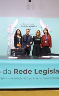 Encontro da Rede Legislativa de Rádio e TV 2026: de Olho no Futuro. Coordenadora da Distribuição da Rádio Senado, Fernanda Nardelli. Produtor das Redes da TV e Rádio Câmara, Warley Júnior. Diretora de Redes Sociais da Câmara dos Deputados, Ginny Moraes. Chefe do Serviço de Comunicação Digital da TV Senado, Marina Domingos.