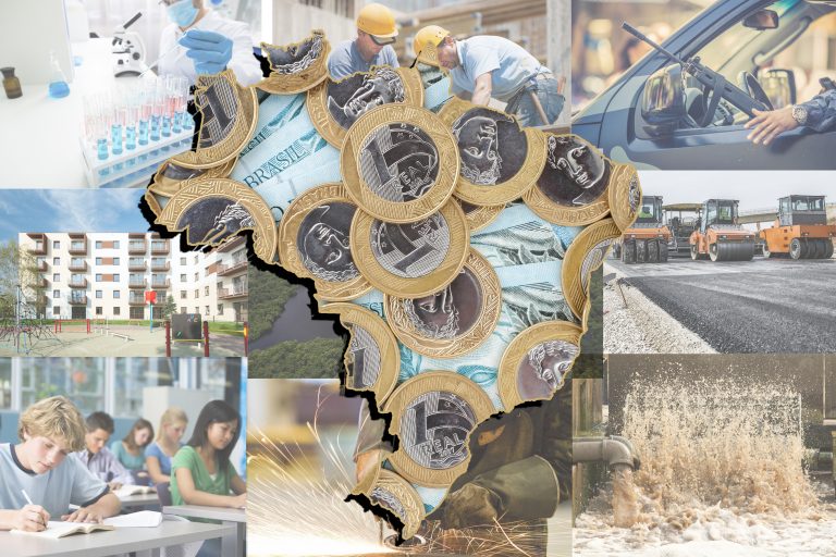 Mapa do Brasil feito com notas e moedas. Ao fundo, montagem com fotos de serviços públicos