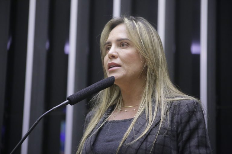 Deputada Celina Leão discursa no Plenário da Câmara. Ela é loira, usa um blazer cinza escuro