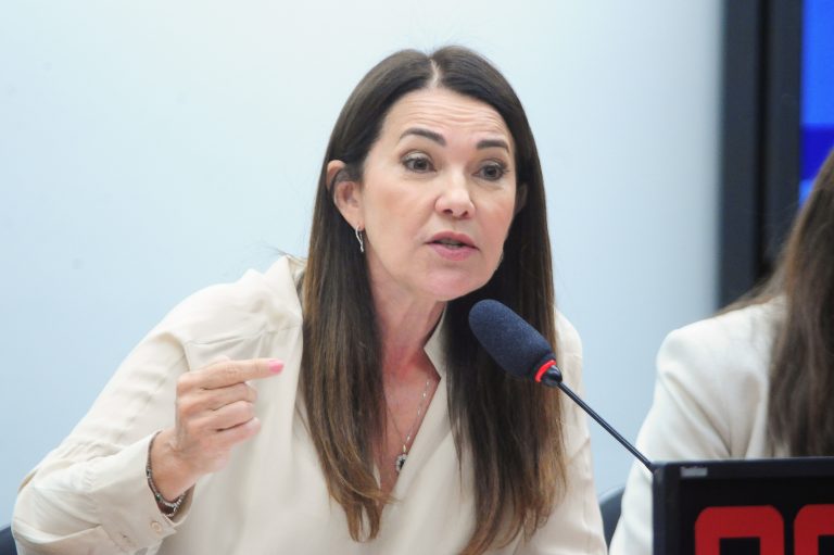 Deputada Margarete Coelho está sentada falando ao microfone. Ela é branca, tem cabelo castanho e comprido e usa um blazer claro