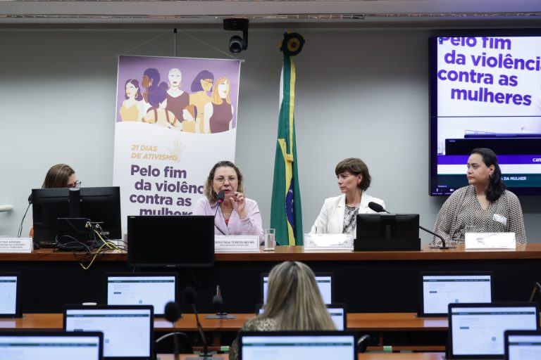 Várias mulheres estão sentadas à mesa e uma delas fala ao microfone
