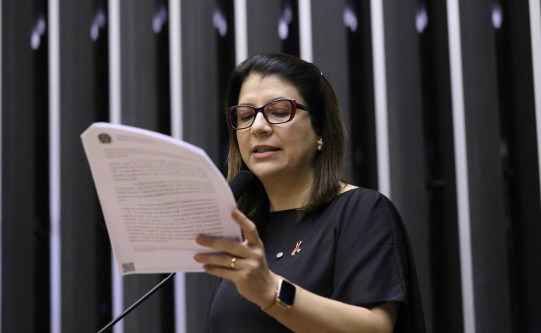 Deputada Carla Dickson fala a microfone