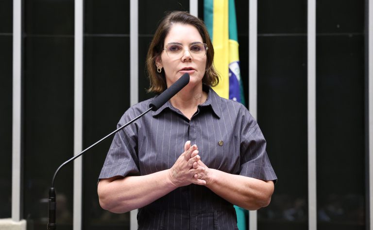 Deputada Coronel Fernanda fala ao microfone